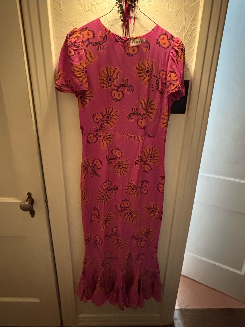 Rhode Pink Floral Midi silk Dress with Ruffle Hem